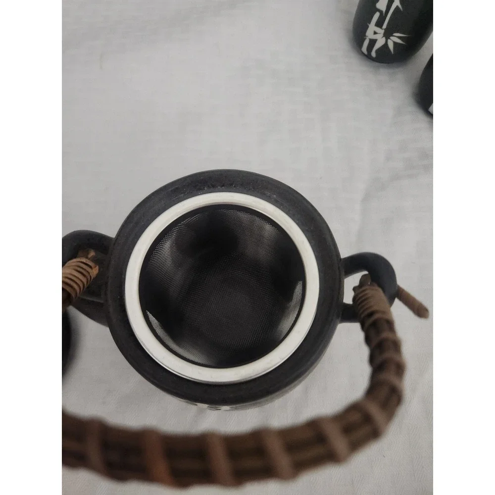 Black Ceramic Bamboo Tea Set with Rattan Handle 4 Cups and Infuser Japanese
